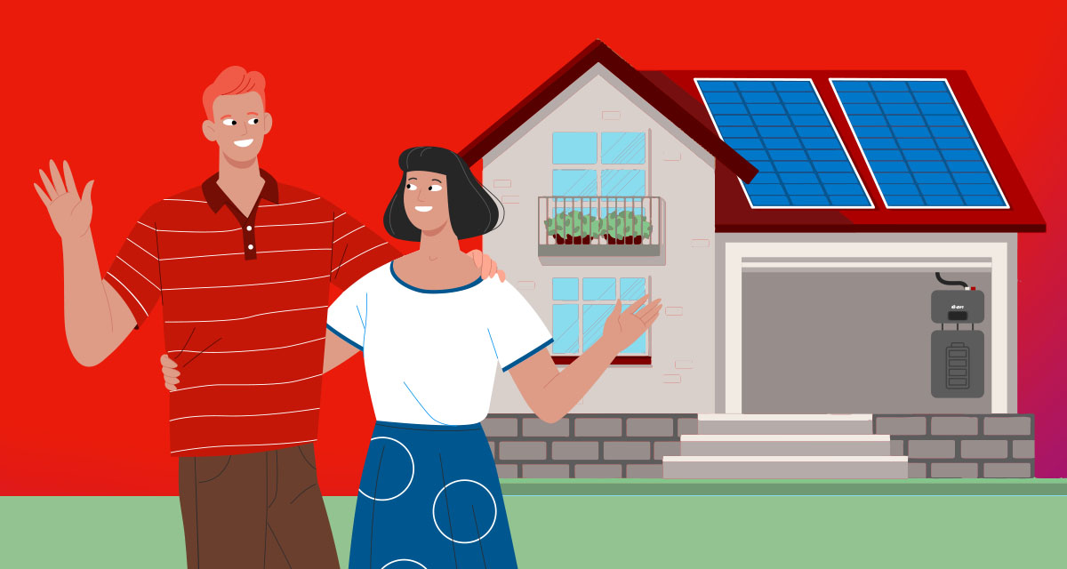 Illustrazione di una coppia davanti a una casa con fotovoltaico con accumulo e pompa di calore